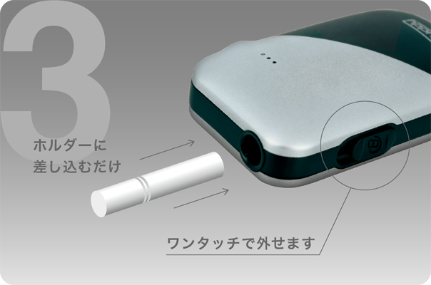 たばこスティックを差し込むだけ!吸い終わったらワンタッチで取り外し可能。